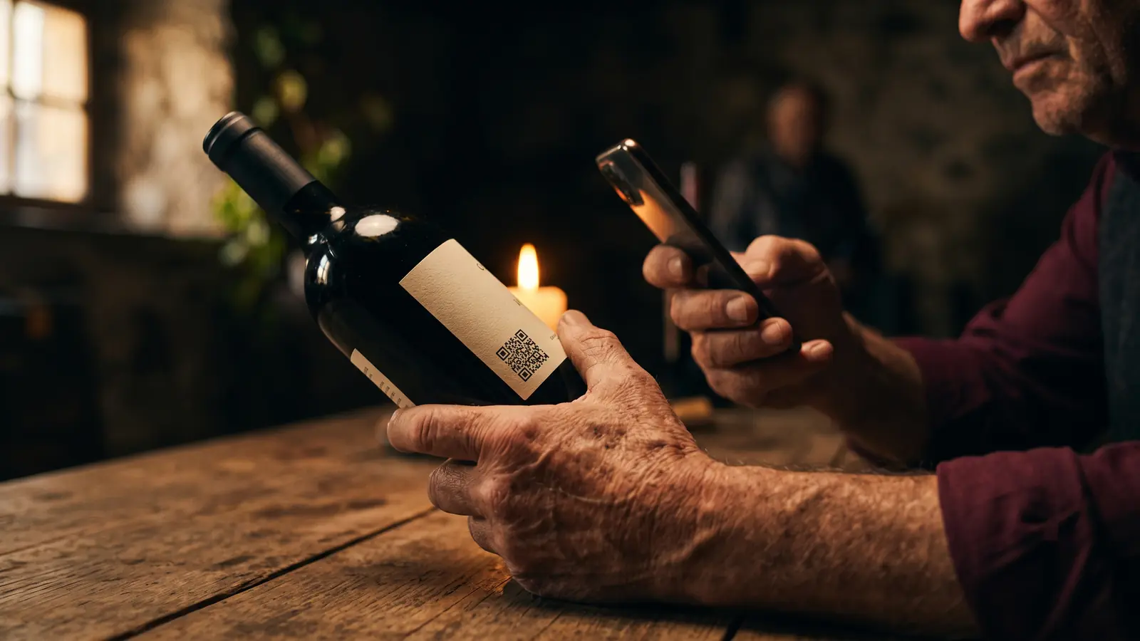 Hands raising a smartphone to scan a wine bottle at a rustic wooden table