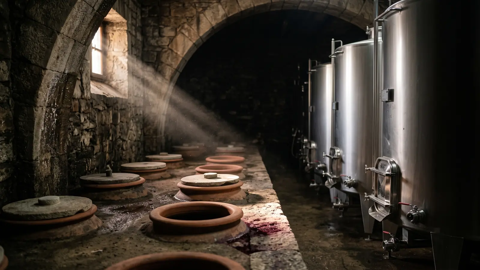 Clay qvevri vessels buried in a cellar floor beside modern steel tanks